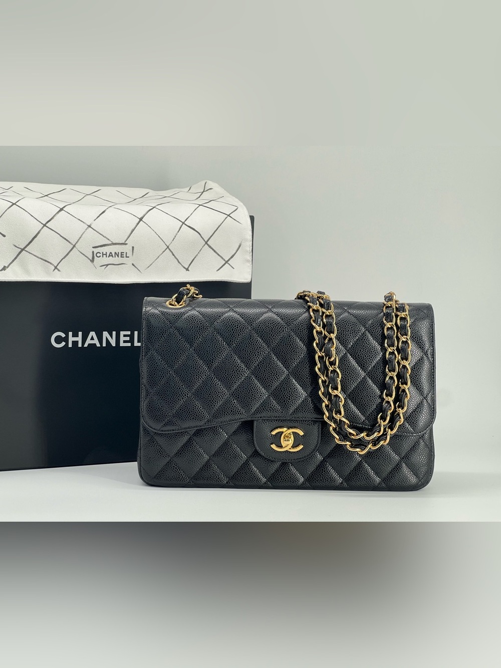 Chanel Classic Jumbo Double  Flap Bag Black  Caviar Leather with Gold Hardware
